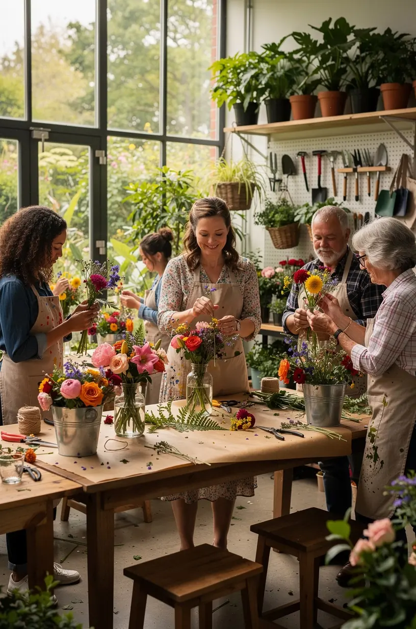 Community members collaborating in a vibrant garden workshop