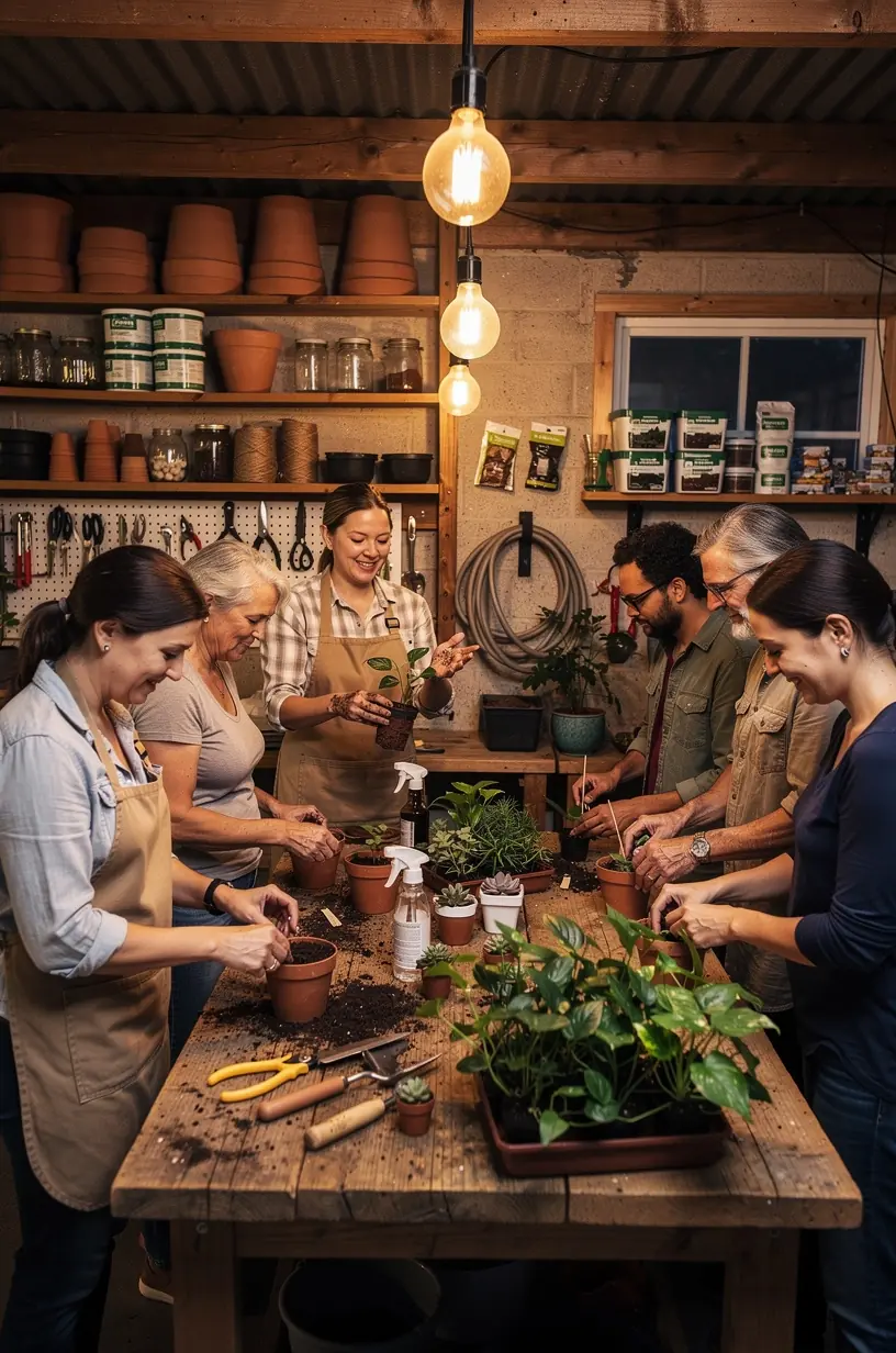 Community garden workshop with participants planting together.