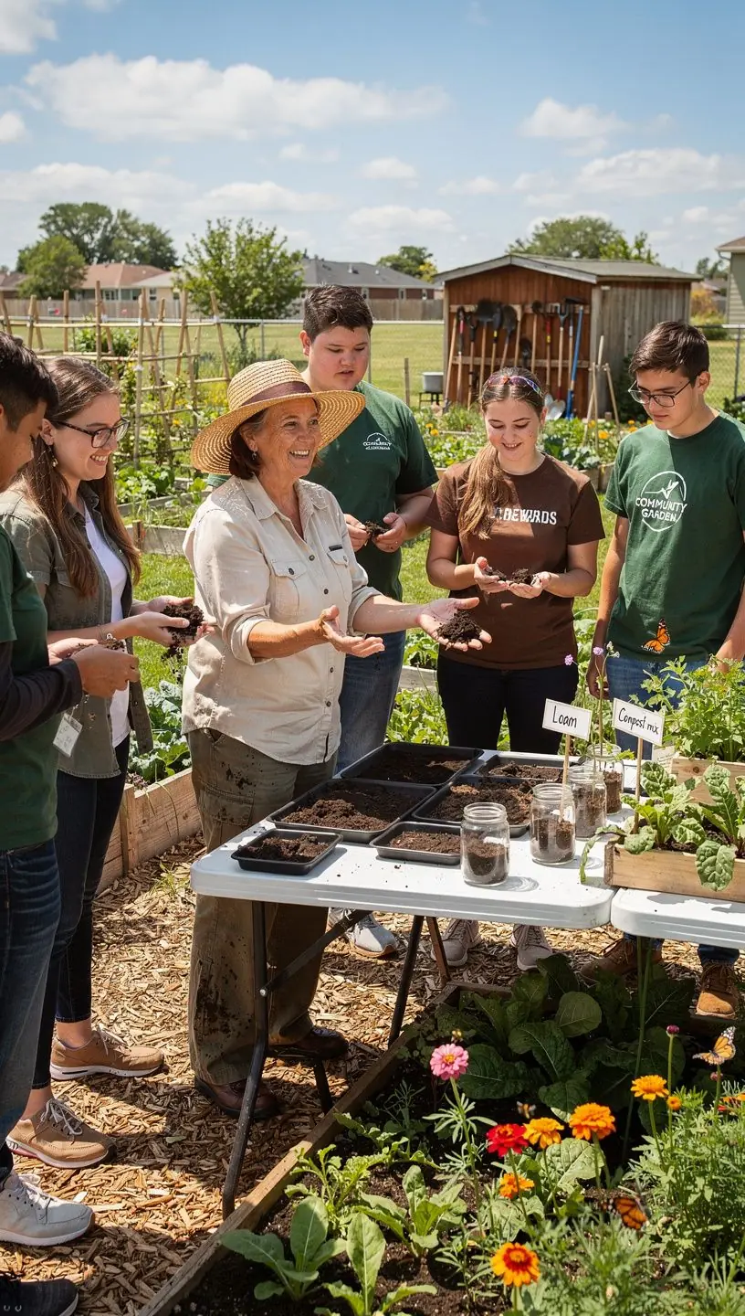 Seasonal gardening workshop with participants exchanging plant care tips.